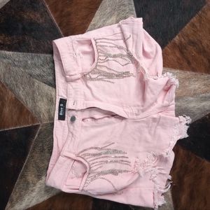 Baby pink diamond fringe jean shorts